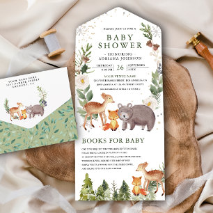 Invitation Tout En Un Fête de Naissance Bébé Animaux de la Forêt de Bois