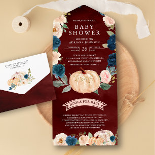 Invitation Tout En Un Fête de naissance Bébé Burgundy Red Citrouille Fle