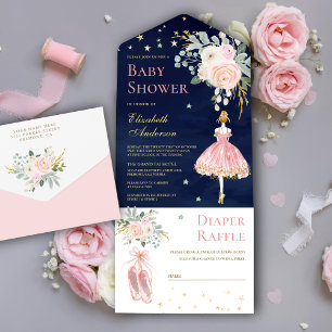 Invitation Tout En Un Fête de naissance bébé fille marine Ballerine Flor