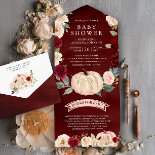 Invitation Tout En Un Fête de naissance Bourguignon Rouge Pêche Floral C