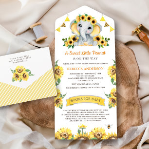 Invitation Tout En Un Fête de naissance Éléphant Mignon Fleurs de Soleil
