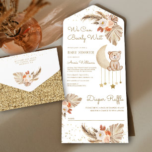 Invitation Tout En Un Fête de naissance ourson bohème lunaire fleurs de 