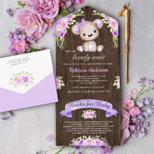 Invitation Tout En Un Fête de naissance Ourson Floral Bois Rustique Viol