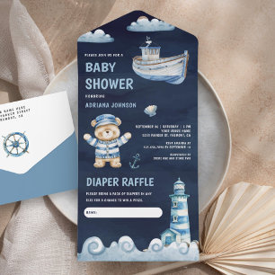 Invitation Tout En Un Fête de naissance thème marin Ourson bleu marine