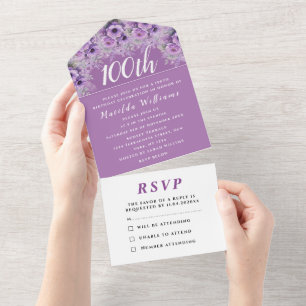 Invitation Tout En Un Fête des 100 ans Fleur Élégante Violet