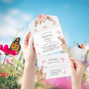 Invitation Tout En Un Fête des mariées pampas fleurons papillon rose RSV