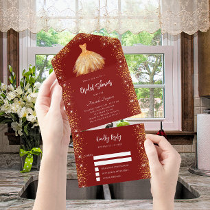 Invitation Tout En Un Fête des mariées robe rouge or parties scintillant