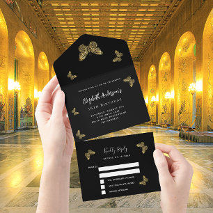 Invitation Tout En Un Fête des papillons en or noir Anniversaire RSVP