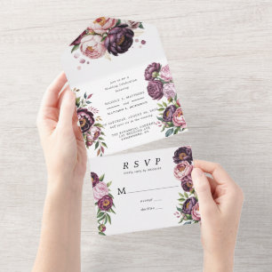 Invitation Tout En Un Fête du Mariage floral Blush et Plum Peony
