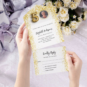 Invitation Tout En Un Fête photo en or blanc 50e anniversaire RSVP
