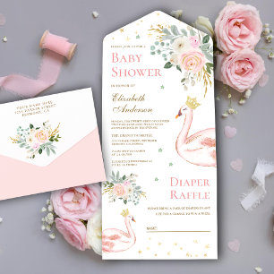 Invitation Tout En Un Fête Prénatale de la Princesse Cygne aux Fleurs Ro