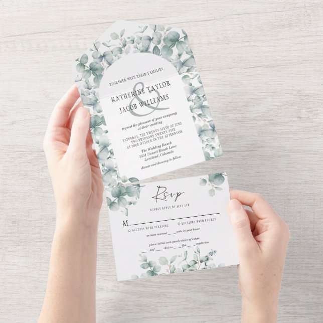 Invitation Tout En Un Feuillage de eucalyptus pour mariage tout compris (Déchirure)