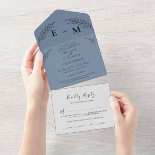 Invitation Tout En Un Feuille minimale   Boho Dusty Mariage bleu tout en