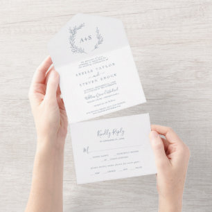 Invitation Tout En Un Feuille minimale   Dusty Blue Mariage