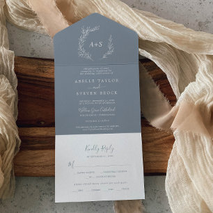 Invitation Tout En Un Feuille minimale   Mariage bleu et blanc