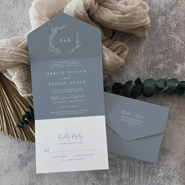 Invitation Tout En Un Feuille minimale | Mariage RSVP simple bleu et bla (Créateur téléchargé)