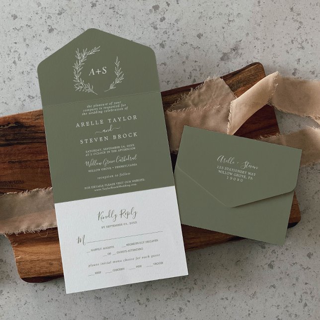 Invitation Tout En Un Feuille minimale | Mariage vert foncé (Créateur téléchargé)