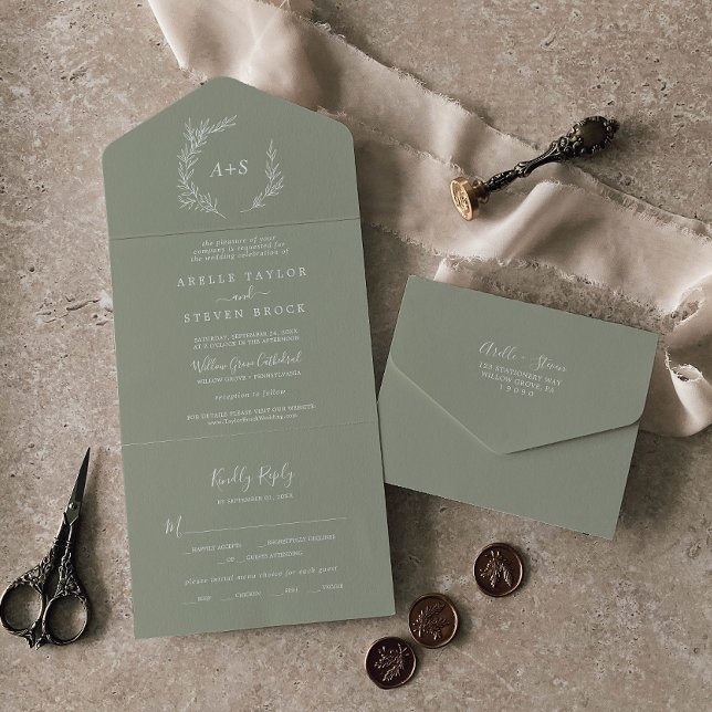 Invitation Tout En Un Feuille minimale | Mariage vert Sage (Créateur téléchargé)