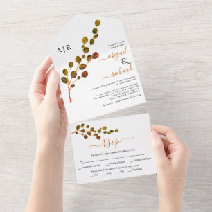 Invitation Tout En Un Feuille ronde eucalyptus branche automne couleurs 