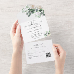 Invitation Tout En Un Feuilles de mariage inclus Roses blanches Sage RSV