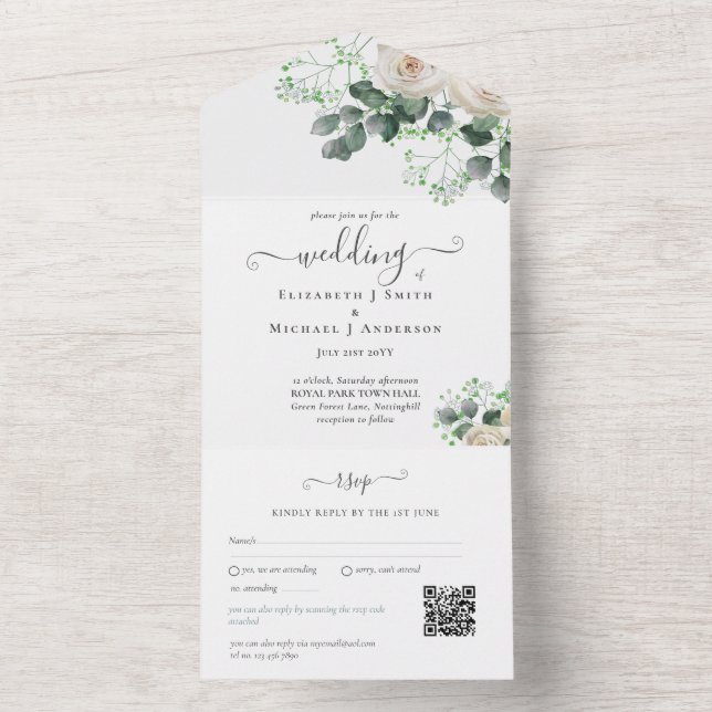 Invitation Tout En Un Feuilles de mariage tout compris Roses blanches Sa (À l'intérieur)