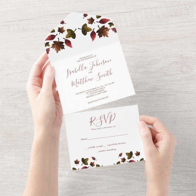 Invitation Tout En Un Feuilles d'or brun rouge brillant automne Mariage  (Déchirure)