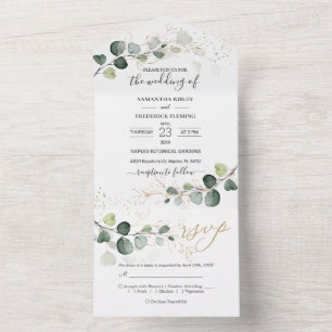 Invitation Tout En Un Feuilles d'or Eucalyptus Foliage