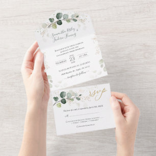 Invitation Tout En Un Feuilles d'or Eucalyptus Foliage