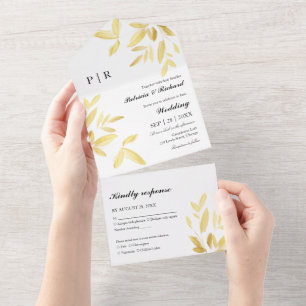 Invitation Tout En Un Feuilles Gold Foil Monogramme Mariage élégant