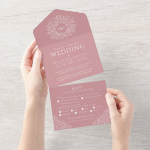 Invitation Tout En Un feuilles mariage blanc poussiéreux dessin monogram
