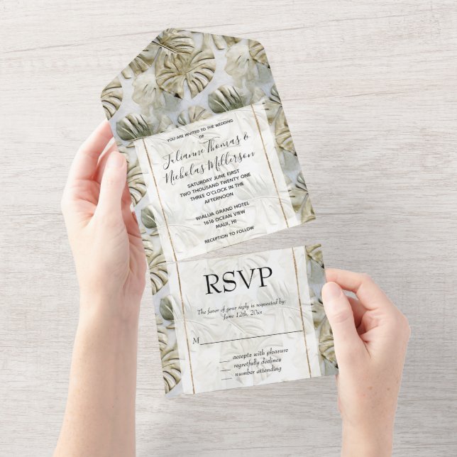 Invitation Tout En Un Feuilles tropicaux Gold Green (Déchirure)
