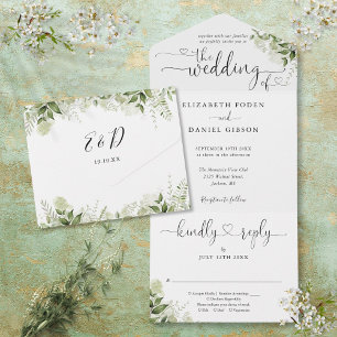 Invitation Tout En Un Feuilles verdure Élégant Script Coeurs Mariage