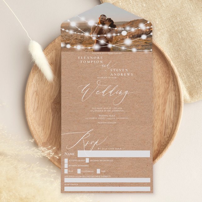 Invitation Tout En Un Feux à cordes rustiques mariage photo kraft brun (Créateur téléchargé)