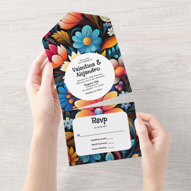 Invitation Tout En Un Fiesta florale d'aquarelle irrégulière avec RSVP a (Déchirure)