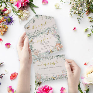 Invitation Tout En Un Fille Bois Animaux Aquarelle Boho Baby shower