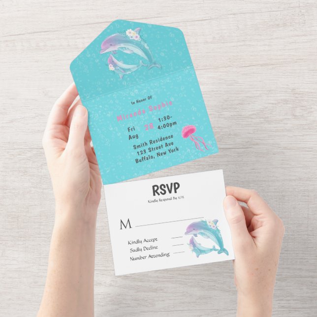 Invitation Tout En Un Fille de dauphins Mère et bébé Baby Shower (Déchirure)