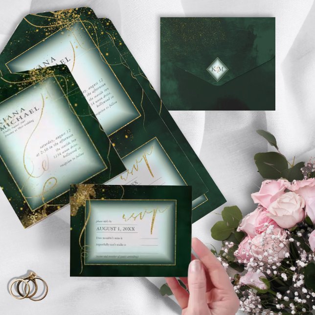 Invitation Tout En Un Fine Lines Gold Abstrait Mariage V3 Emerald ID867 (Créateur téléchargé)