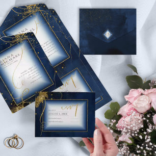 Invitation Tout En Un Fine Lines Gold Abstrait Mariage V3 Navy ID867