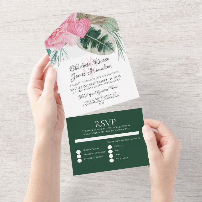 Invitation Tout En Un Flamant rose rose Mariage tropical (Déchirure)