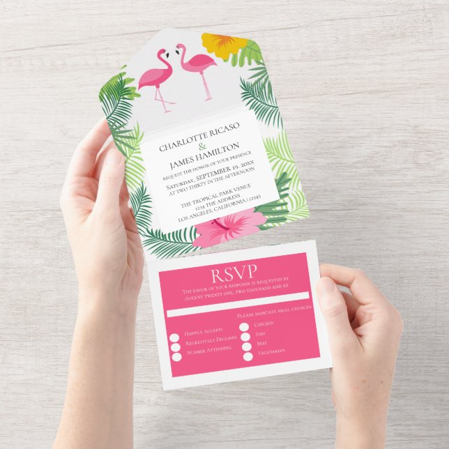 Invitation Tout En Un Flamant rose rose personnalisé Mariage tropical (Déchirure)
