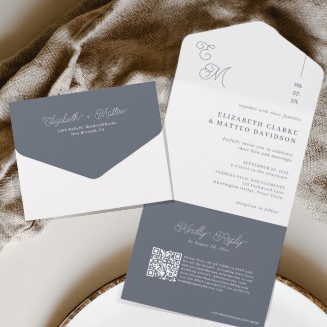 Invitation Tout En Un Fleet Grey | Code QR Mariage monogramme minimal (Créateur téléchargé)