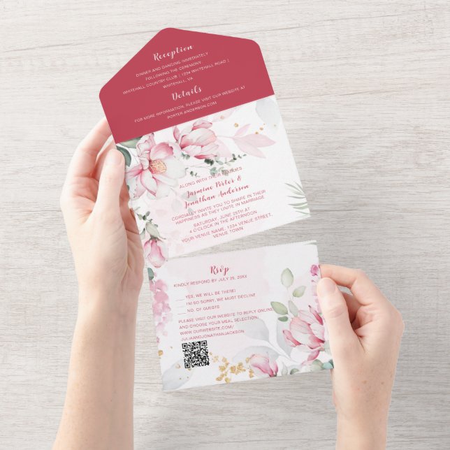Invitation Tout En Un Fleur de Magnolia rose (Déchirure)