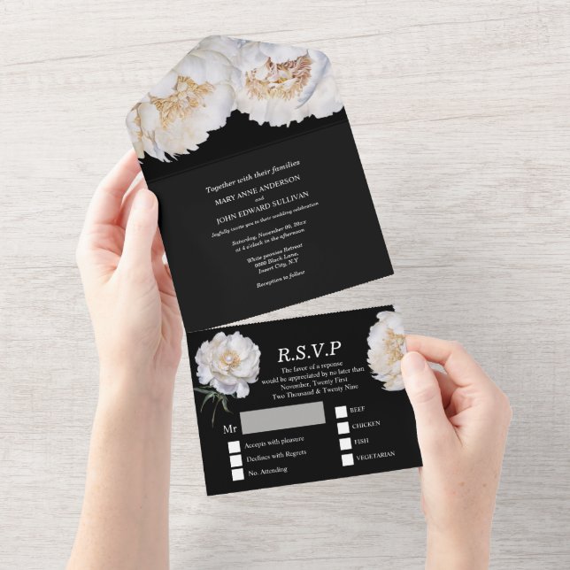 Invitation Tout En Un Fleur de tourbe blanche noire été mariage (Déchirure)
