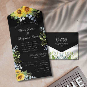 Invitation Tout En Un Fleur de tournesol Foliage noir blanc Mariage