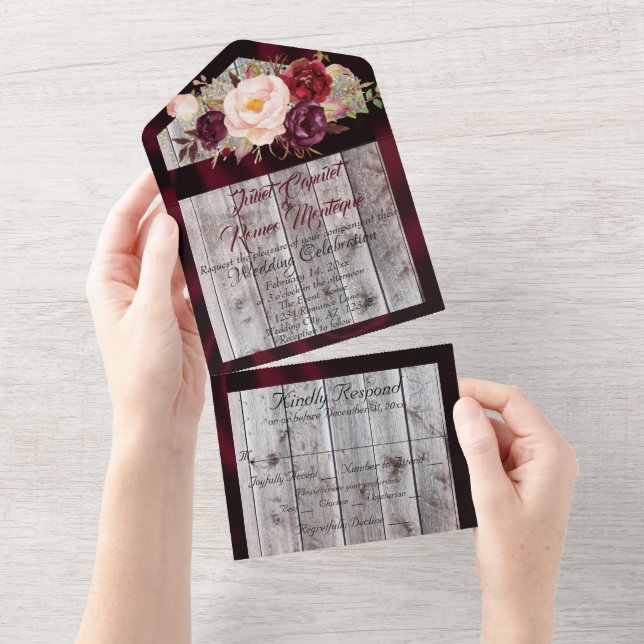 Invitation Tout En Un Fleur sauvage avec Mariage Burgundy Ribbon & Lumiè (Déchirure)