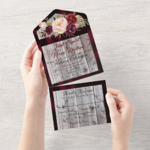 Invitation Tout En Un Fleur sauvage avec Mariage Burgundy Ribbon & Lumiè