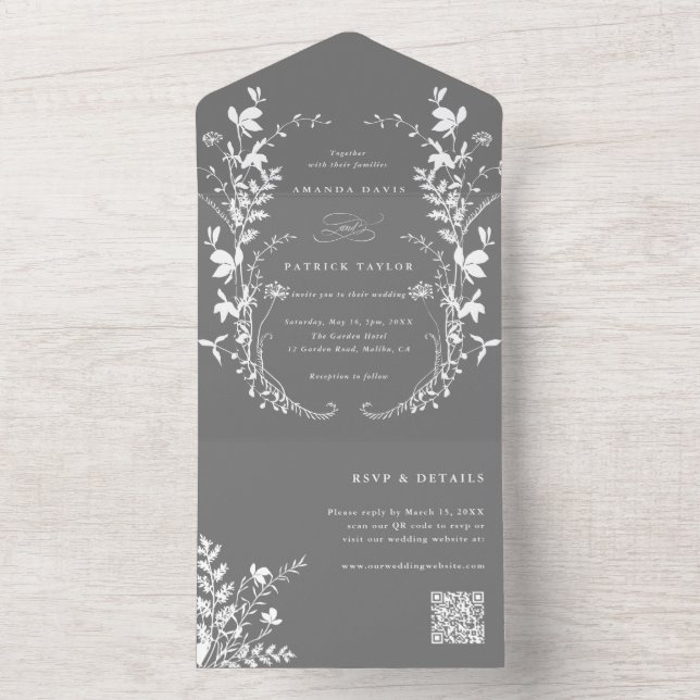 Invitation Tout En Un Fleur sauvage blanc Silhouette Wreath Mariage gris (À l'intérieur)