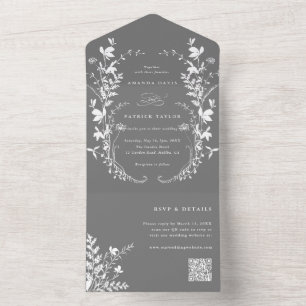 Invitation Tout En Un Fleur sauvage blanc Silhouette Wreath Mariage gris