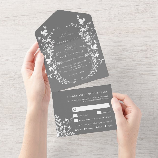 Invitation Tout En Un Fleur sauvage blanc Silhouette Wreath Mariage gris (Déchirure)