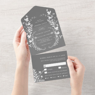 Invitation Tout En Un Fleur sauvage blanc Silhouette Wreath Mariage gris